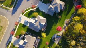Casa en Temuco centro, 3D 2B, 500 m² terreno 2 A picturesque aerial view showcasing suburban homes with vibrant gardens and tree-lined streets.